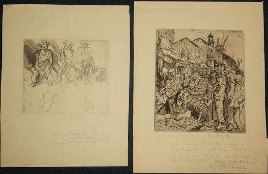 Frank Brangwyn (1867-1956) Three seated Jews watching chickens and market scene, largest overall 11.25 x 8.75in. unframed